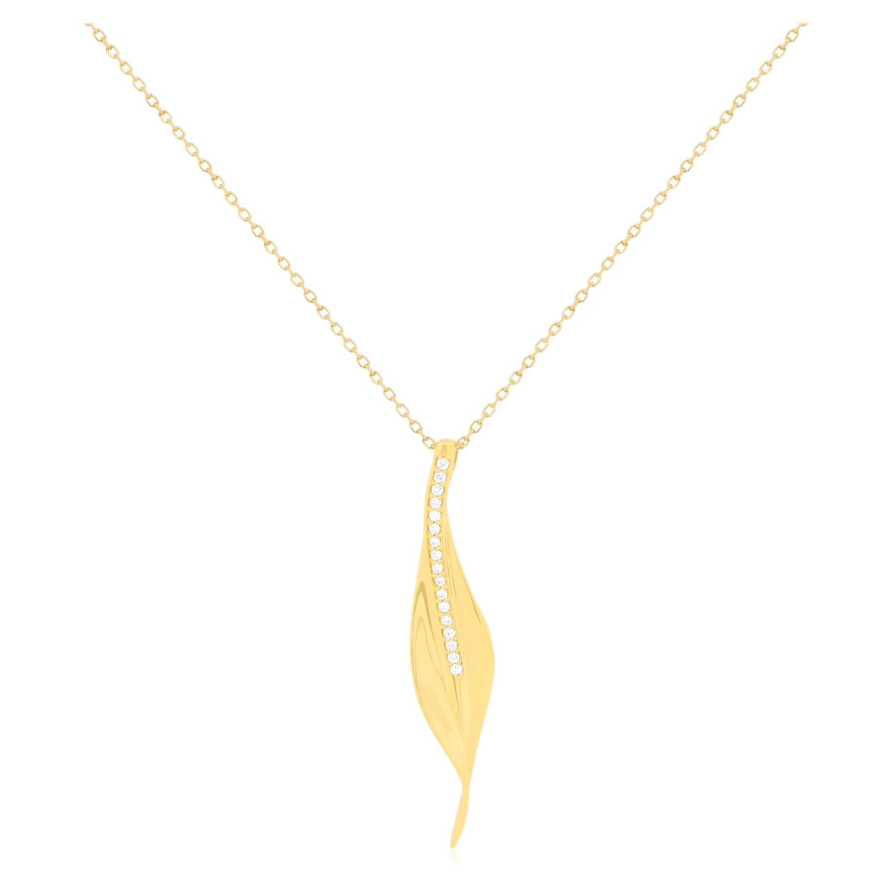 Modern White Diamond Leaf Drop Pendant Necklace 18K Yellow Gold Statement Long