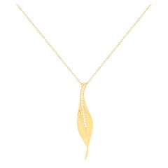 Modern White Diamond Leaf Drop Pendant Necklace 18K Yellow Gold Statement Long