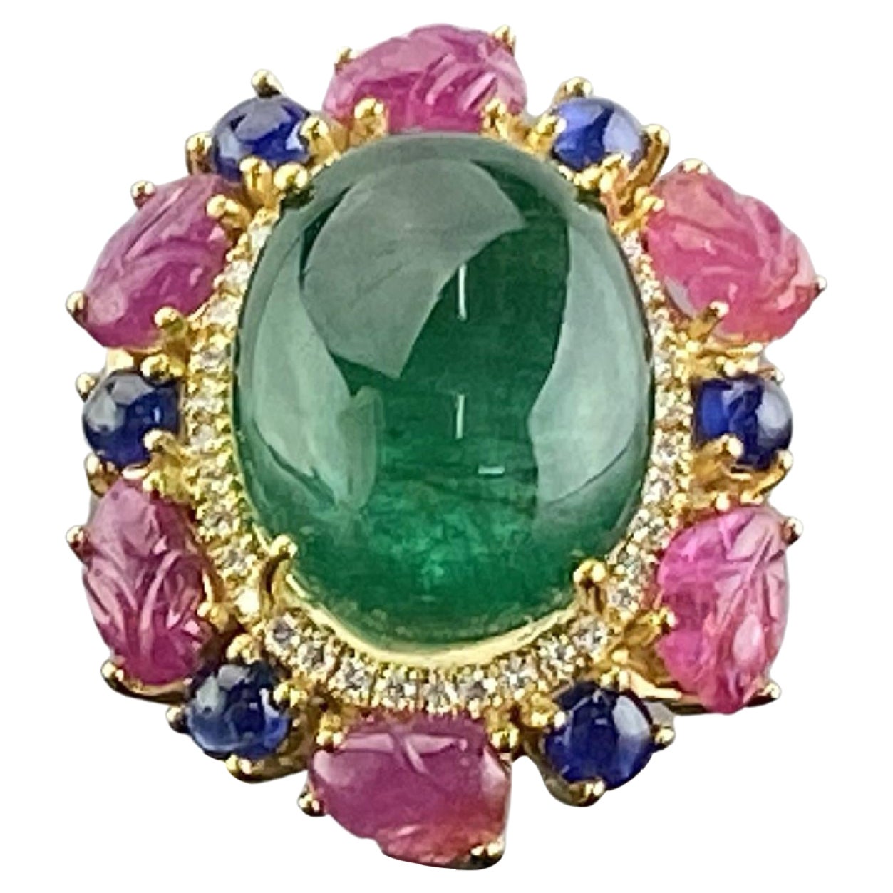 Certified 12.80 Carat Emerald Cabochon, Ruby and Blue Sapphire Cocktail Ring For Sale