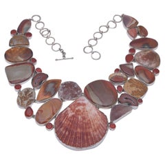 Shell Brown Agate Red Onyx Druzy 925 sterling Silver Necklace