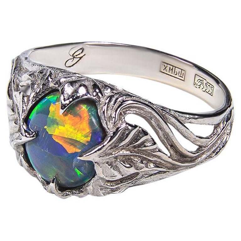 Dark Opal White Gold Ring Bright Multicolor Natural Gem Art Nouveau