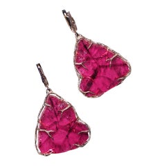 Large Tourmaline Gold Earrings Fuchsia Pink Gemstone Crystal Art Deco Jewelry