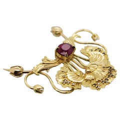Art Nouveau Style Poppy Pendant an Brooch with Black Diamonds, Pearls and Ruby
