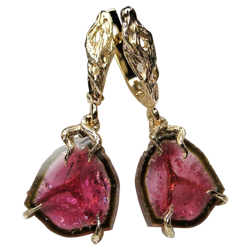 Tourmaline Slice Yellow Gold Earrings Polychrome Bright Pink Natural Gem Unisex For Sale