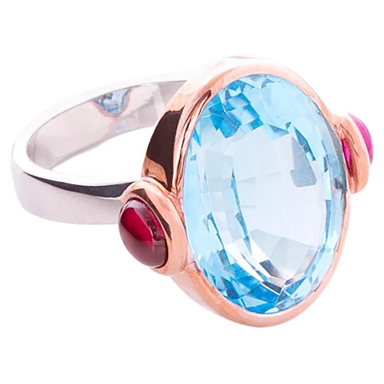 Art Deco Style 18 Karat Gold Topaz Rubelite Cabochon Blue Candy Cocktail Ring For Sale