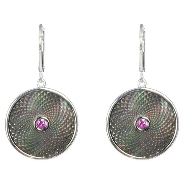 Deakin & Francis Grey Mother of Pearl Dreamcatcher Earrings with Pink Sapphire For Sale