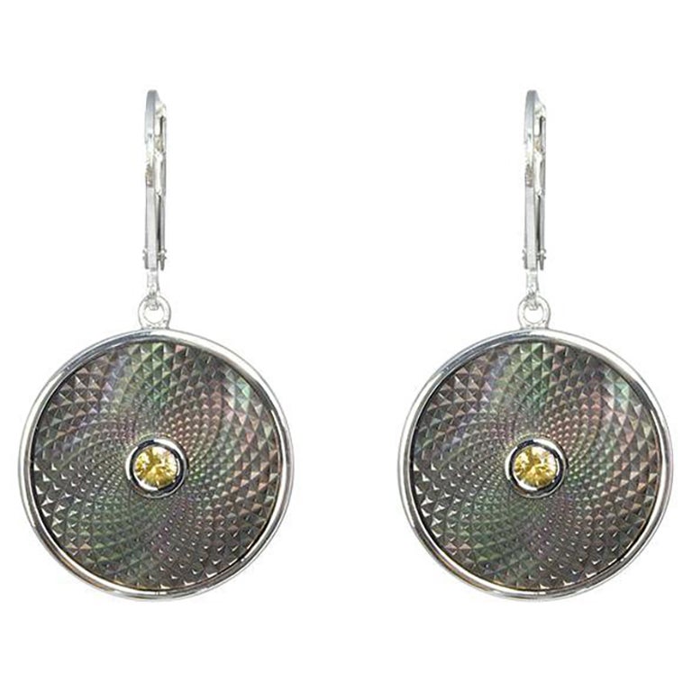 Deakin & Francis Grey Mother-of-Pearl Dreamcatcher Earrings with Yellow Sapphire For Sale