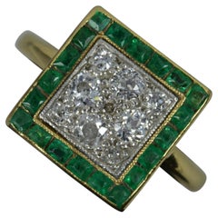 Art Deco 18ct Gold and Platinum Emerald and Diamond Panel Cluster Ring