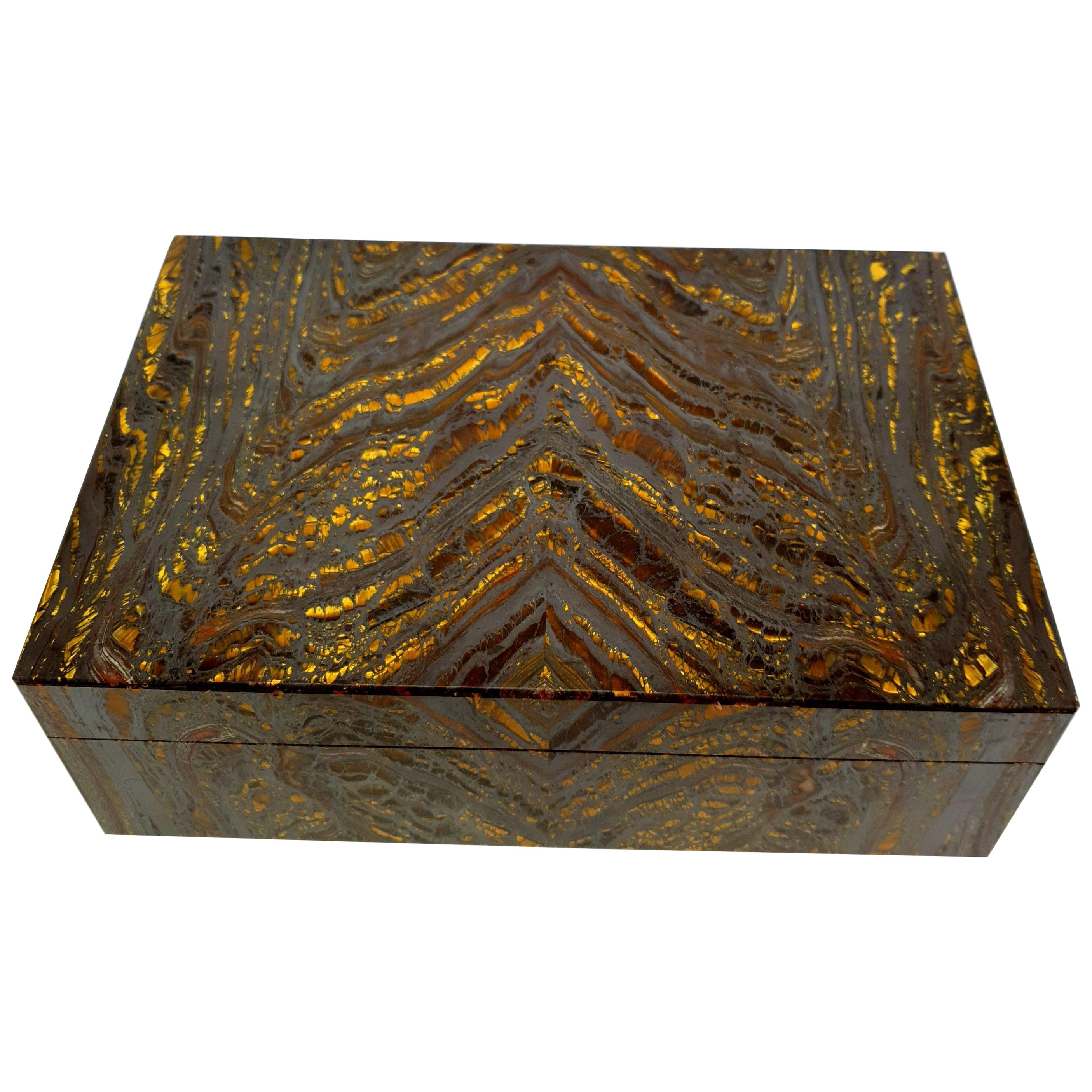 Caja decorativa de hierro dorado marrón tigre para joyas con incrustaciones de mármol negro