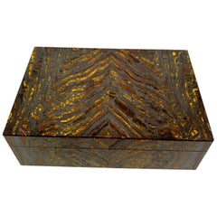 Gold Brown Tiger Iron Decorative Jewelry Gemstone Box with Black Marble Inlay
