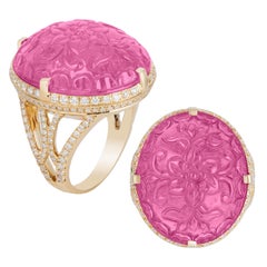 Goshwara Carved Pink Tourmaline Oval Shape with Diamonds Ring