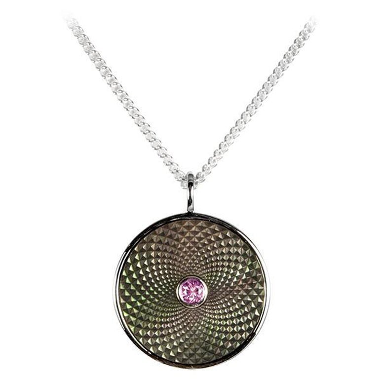 Deakin & Francis Small Pendant with Grey Mother-of-Pearl and a Pink Sapphire For Sale