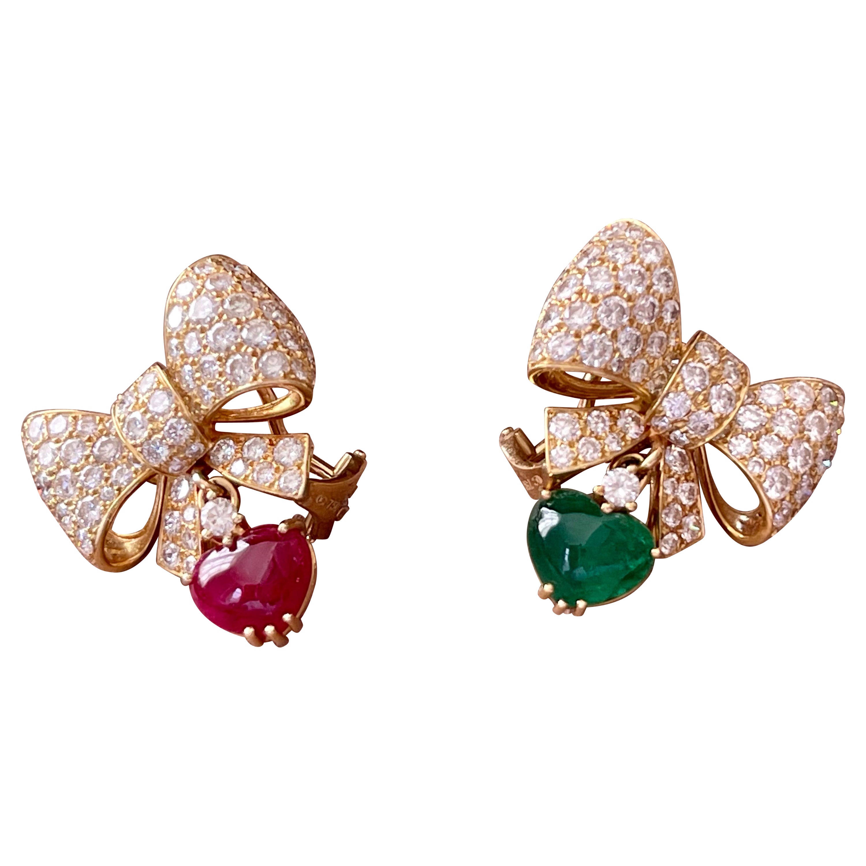 18 K Yellow Gold Ribbon Bow Dangle Earclips Diamonds Ruby Emerald Pendants For Sale