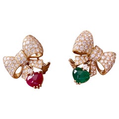 Vintage 18 K Yellow Gold Ribbon Bow Dangle Earclips Diamonds Ruby Emerald Pendants