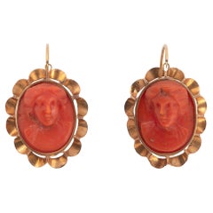 Antique Carved Coral Cameo Earrings, 1870's