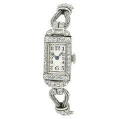 Antique Art Deco C H Meylan Platinum 1.3ct Old European & Baguette Diamond Watch
