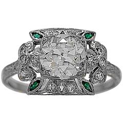 Antique 1.45 Carat Diamond Emerald Platinum Engagement Ring