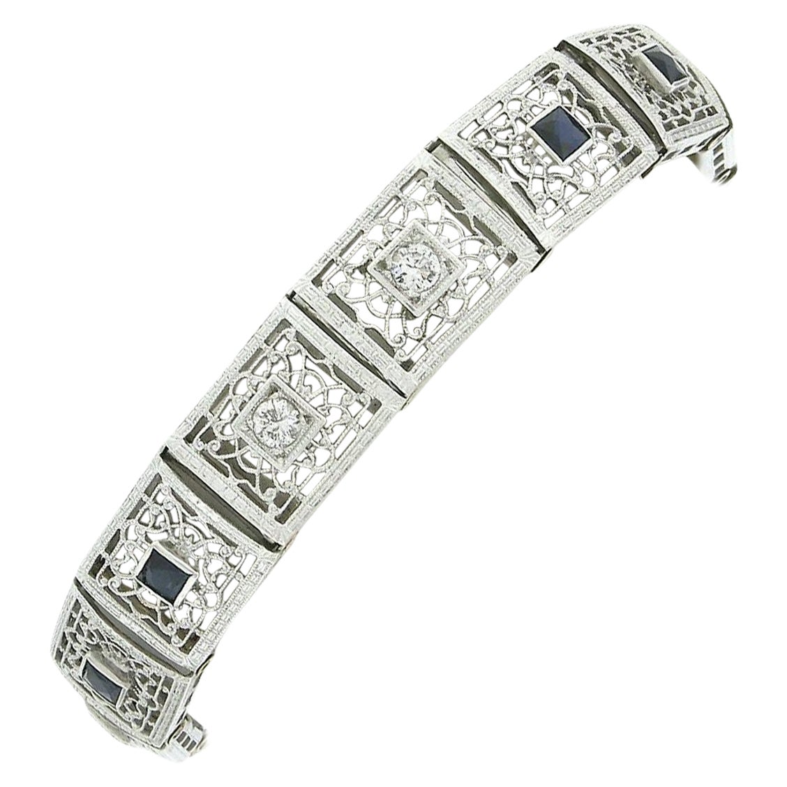 Antique Art Deco 14k Gold 1.0ct European Diamond Sapphire Wide Filigree Bracelet