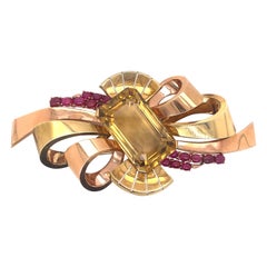 Retro Style Citrine and Ruby Bow Brooch Yellow & Rose Gold
