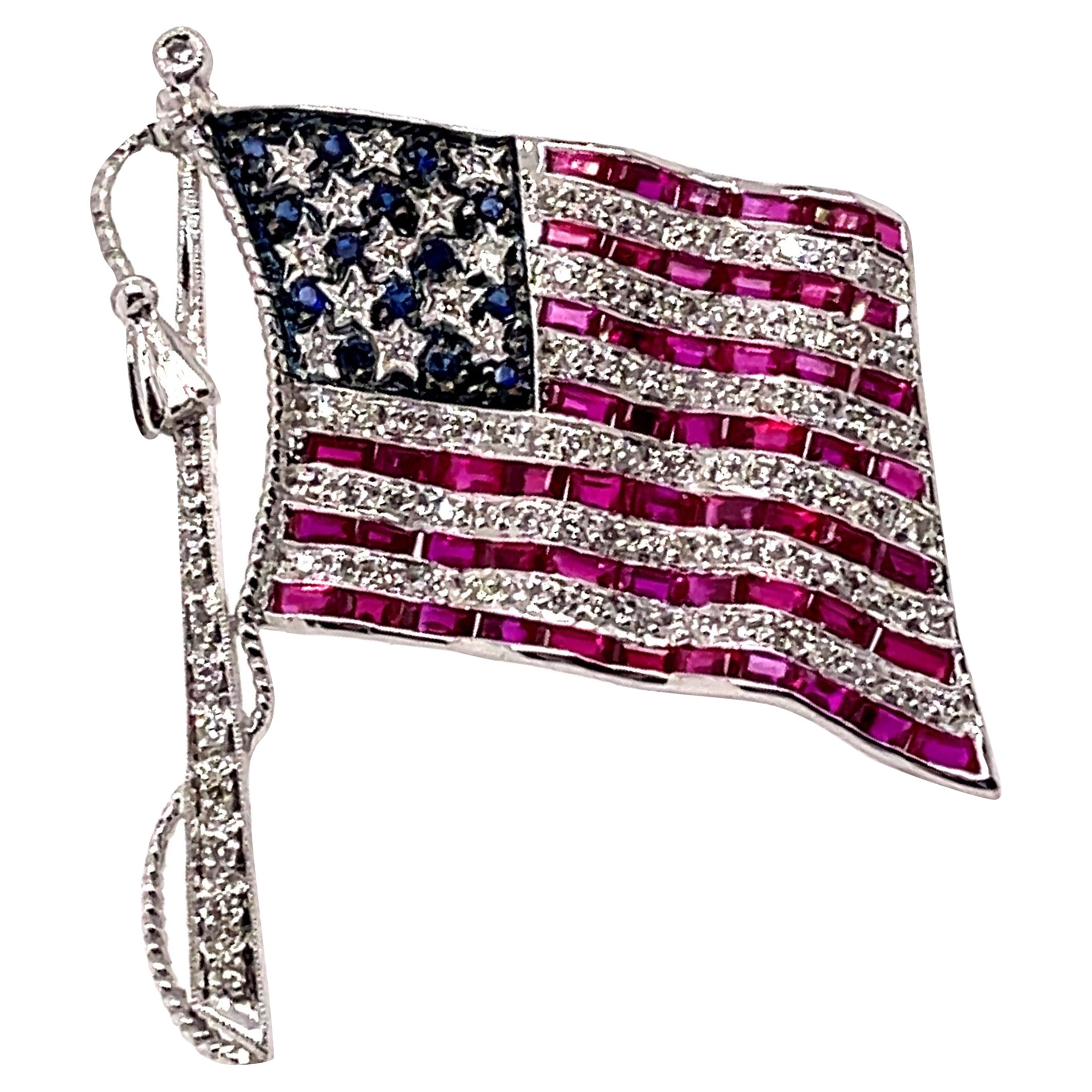 Ruby, Sapphire, & Diamond American Flag Brooch 18k White Gold