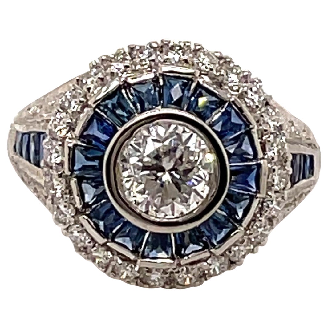 Art Deco Style 1ct Round Diamond with Sapphire & Diamonds Ring 18k White Gold