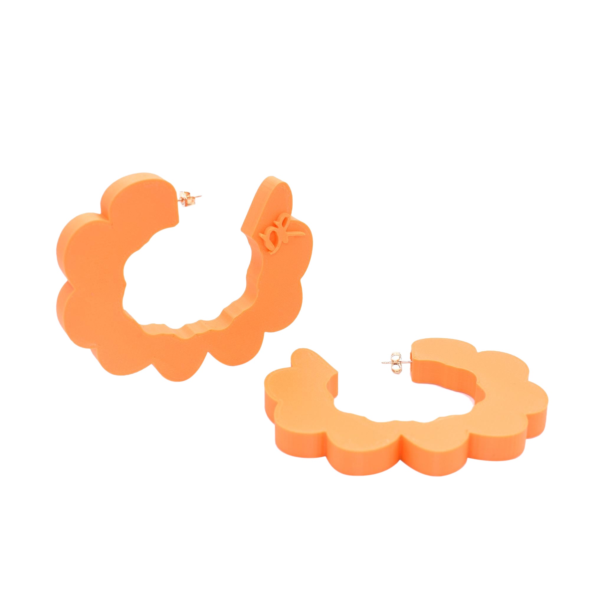 3d Printed Pretend Cloud Shaped Hoop Earrings, Matte Orange For Sale