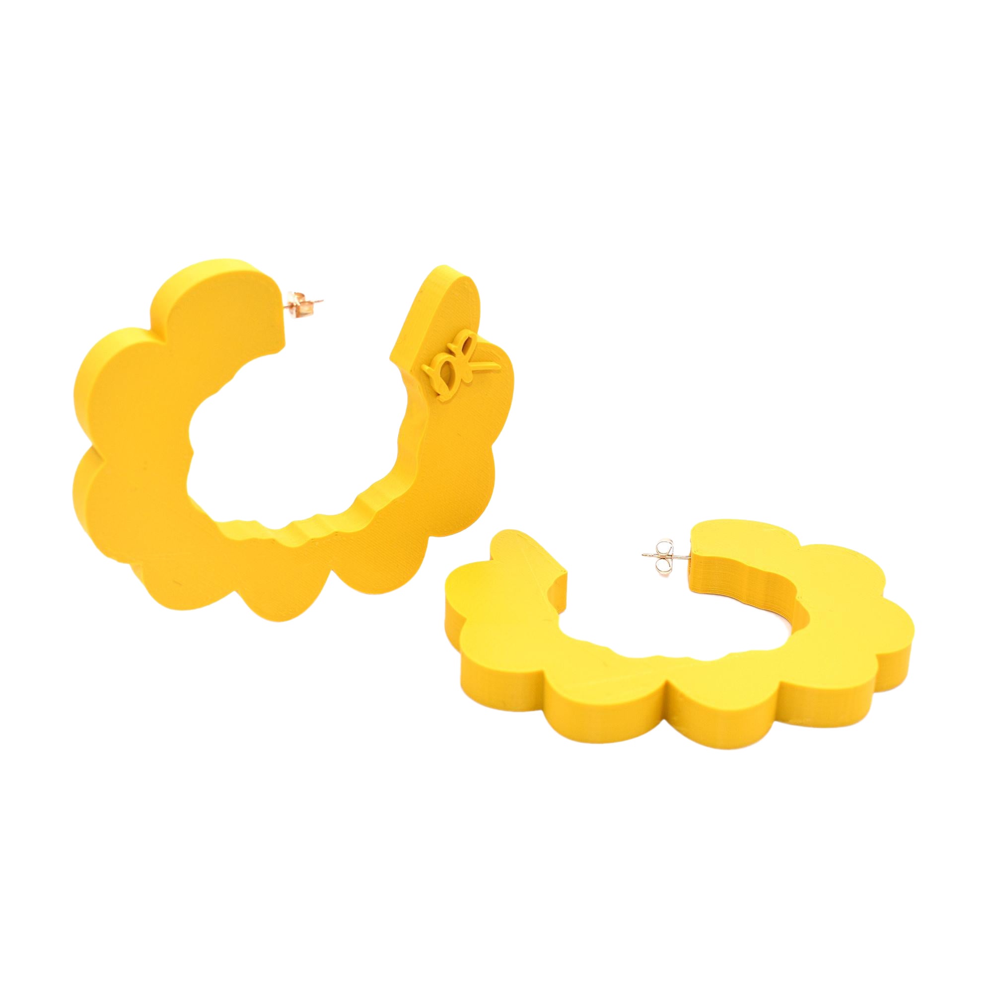 3d Printed Pretend Cloud Shaped Hoop Earrings, Matte Yellow For Sale