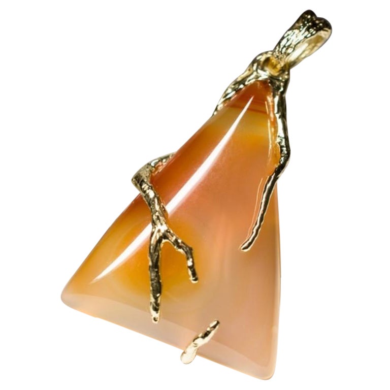 Carnelian Gold Necklace Honey Orange Triangle Cabochon Magic Forest Roots Gems For Sale