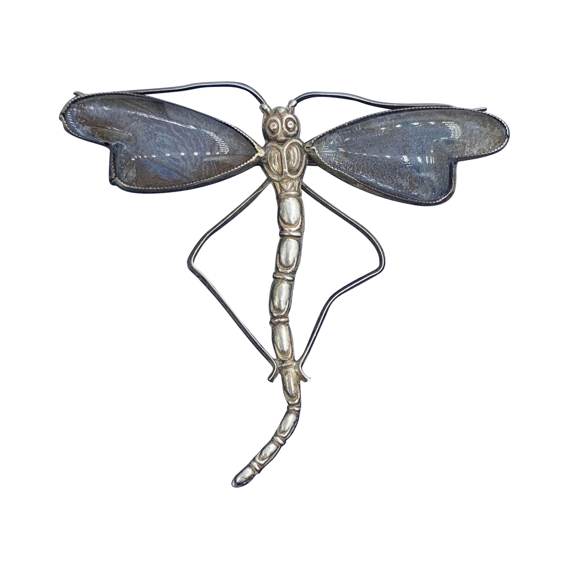 Art Nouveau Dragonfly Insect Moth Brooch Pin Butterfly Wing Sterling Silver For Sale