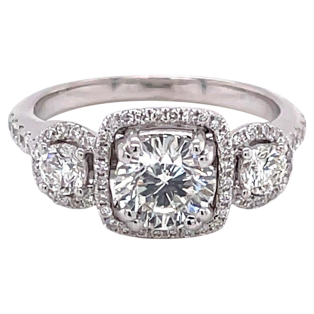 Three Stone Diamond Halo 18 Karat White Gold Engagement Ring For Sale