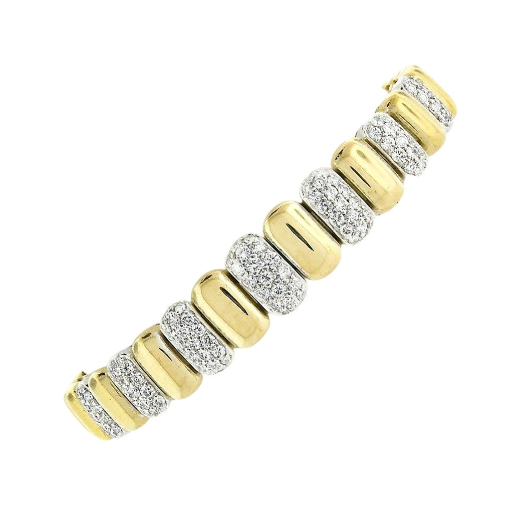 Vintage 18K TT Gold 1.50ctw Pave Diamond & Polished Graduated Oval Link Bracelet For Sale