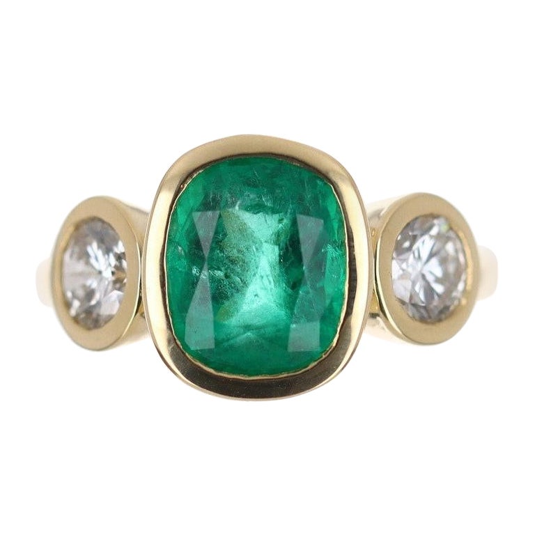 4.02tcw 18K Three Stone Emerald Cushion & Diamond Ring