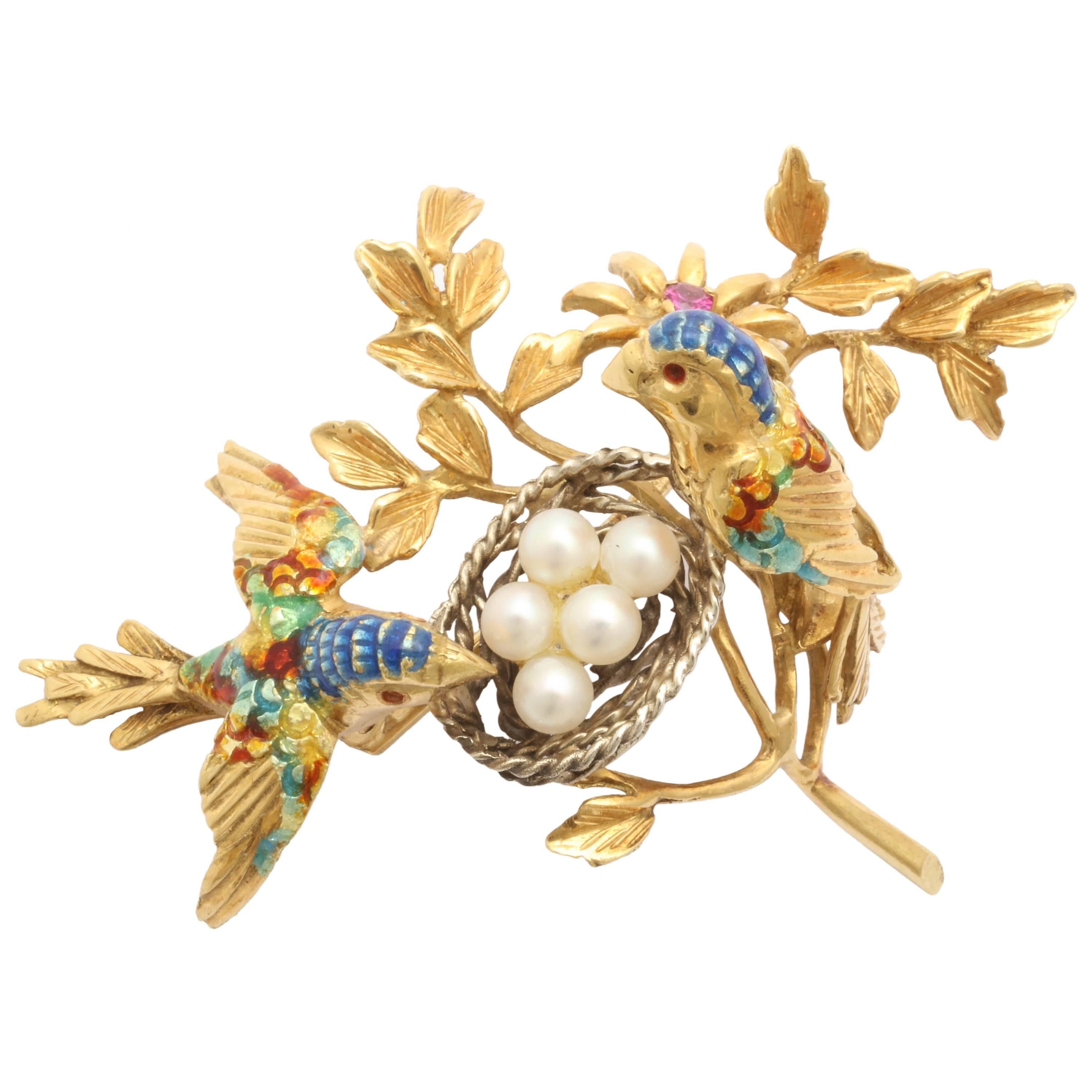 Gold Pearl and Enamel Birds and Nest Brooch For Sale