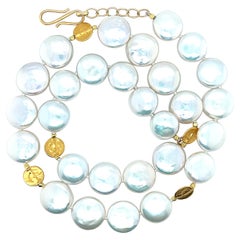 Round Coin Pearl Beaded Necklace Strand with Yellow Gold Accents