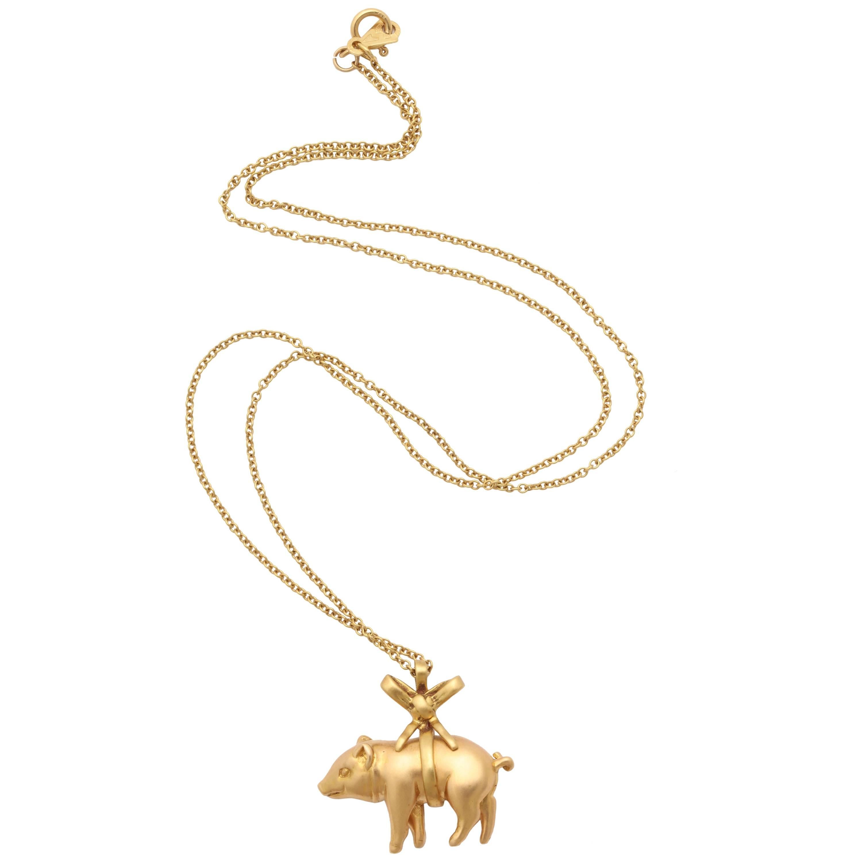 Rose and Yellow Gold Wrapped Pig Pendant For Sale