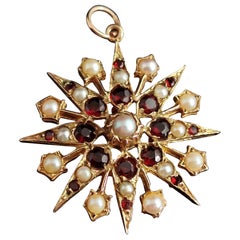 Antique Garnet and Pearl Starburst Pendant, Art Nouveau, 9k Yellow Gold