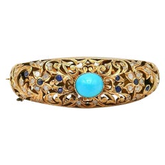 Antique Turquoise Sapphire Diamond Rose Gold Bangle Bracelet