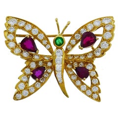 Retro 14k Gold Butterfly Pin Brooch Clip with Diamond Ruby Emerald