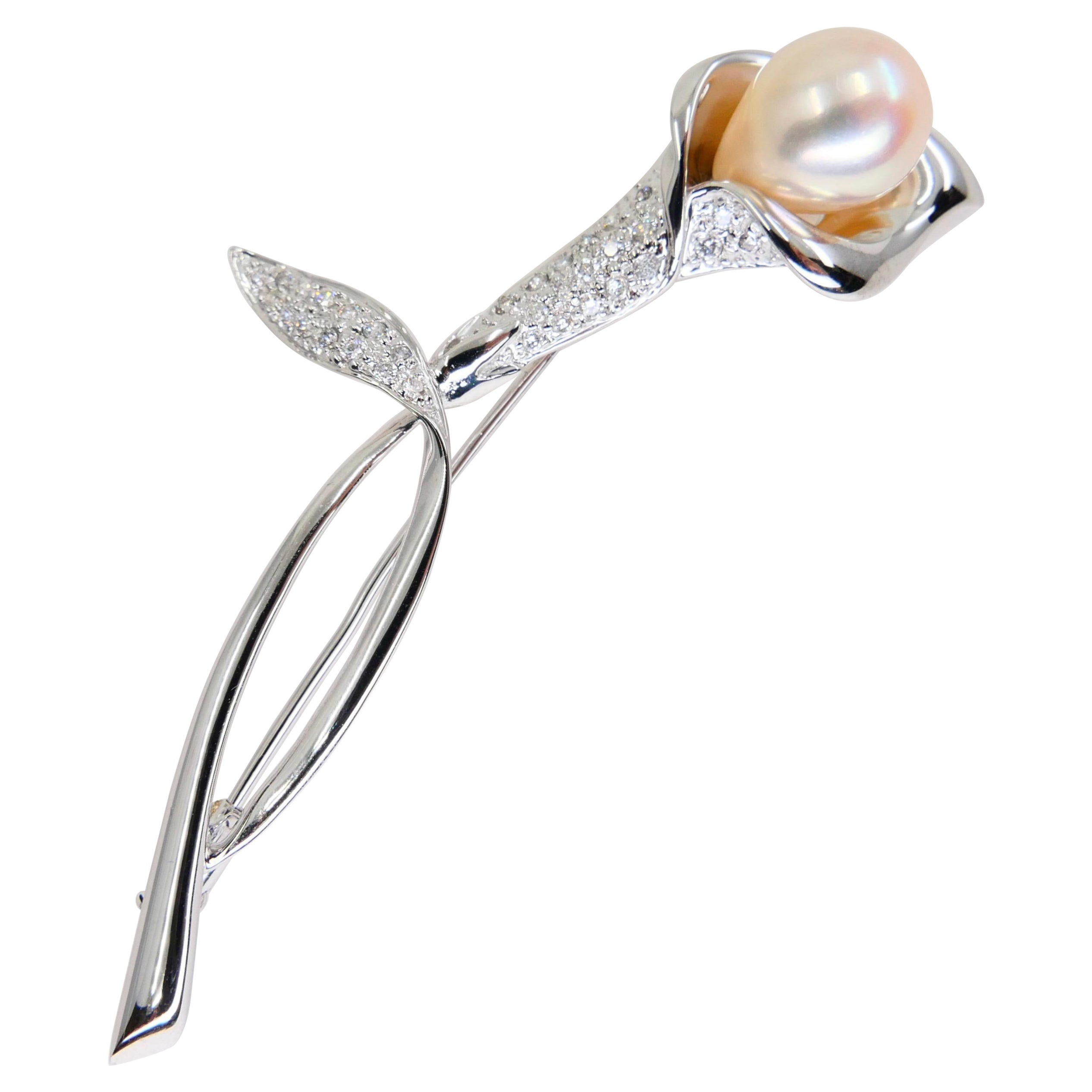 Peachy Rose Color Pearl & Diamond Flower Brooch, 18k White Gold For Sale
