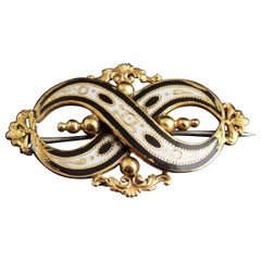 Antique Victorian Mourning Brooch, 15 Karat Yellow Gold, Black and White Enamel