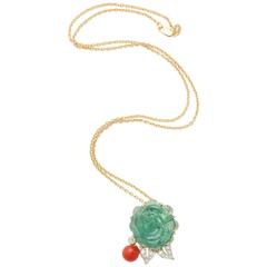Carved Emerald Rose with Coral Pendant Necklace