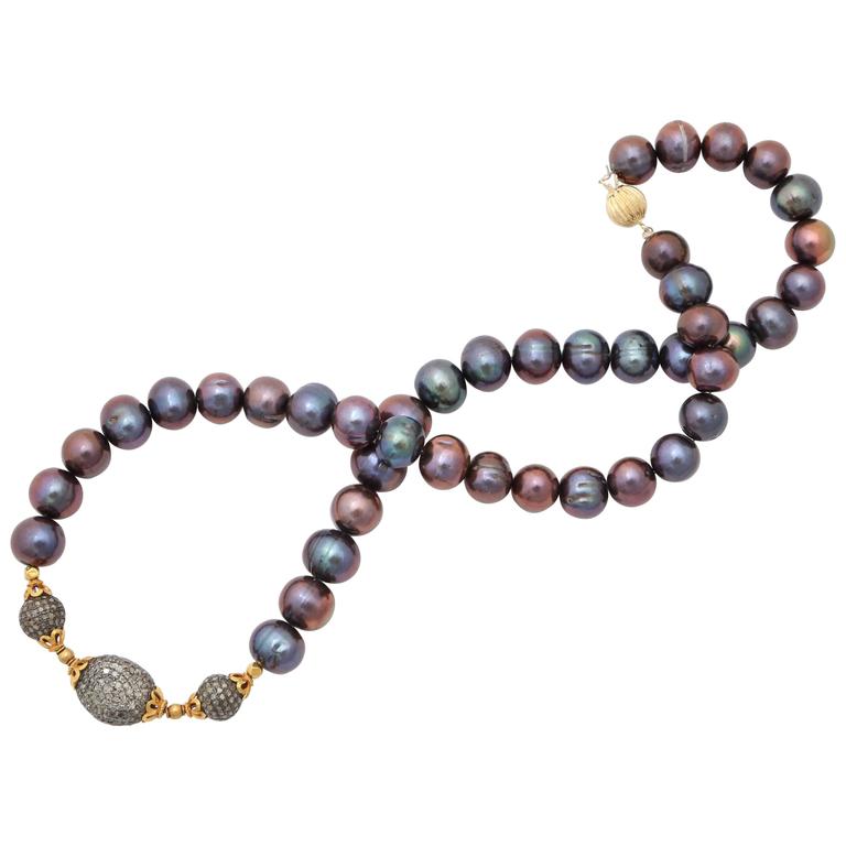 Black Pearl Diamond Gold Bead Necklace For Sale at 1stDibs
