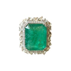 25.01 Carats, Zambian Emerald & Rose Cut Diamonds Cocktail/ Engagement Ring