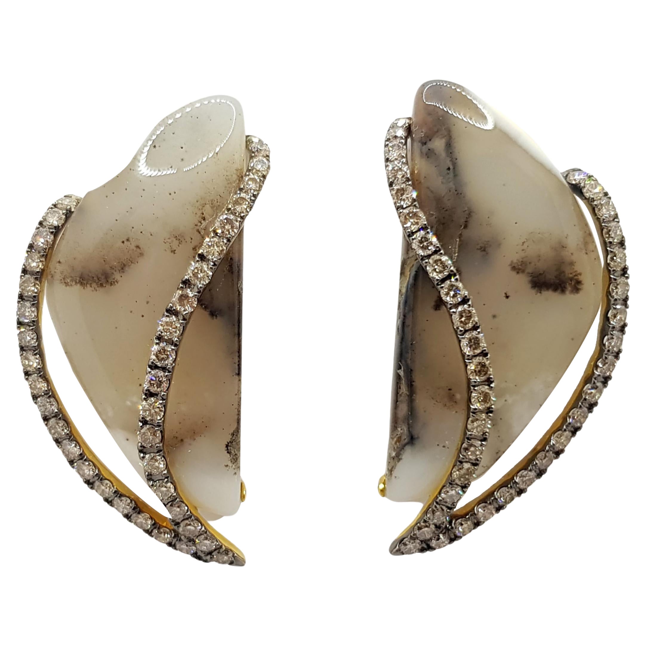 Quartz with Brown Diamond Earrings Set in 18 Karat Gold Settings For Sale