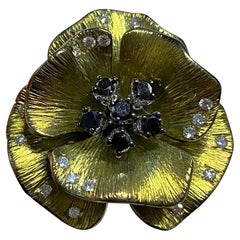 Black Diamonds Yellow Titanium 18 KT White Gold Silver Handmade Flower Ring