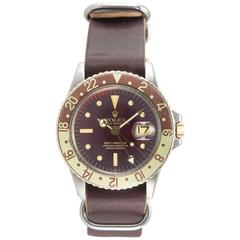 Retro Rolex Yellow Gold Stainless Steel GMT 2-Tone Brown Dial Wristwatch Ref 1675