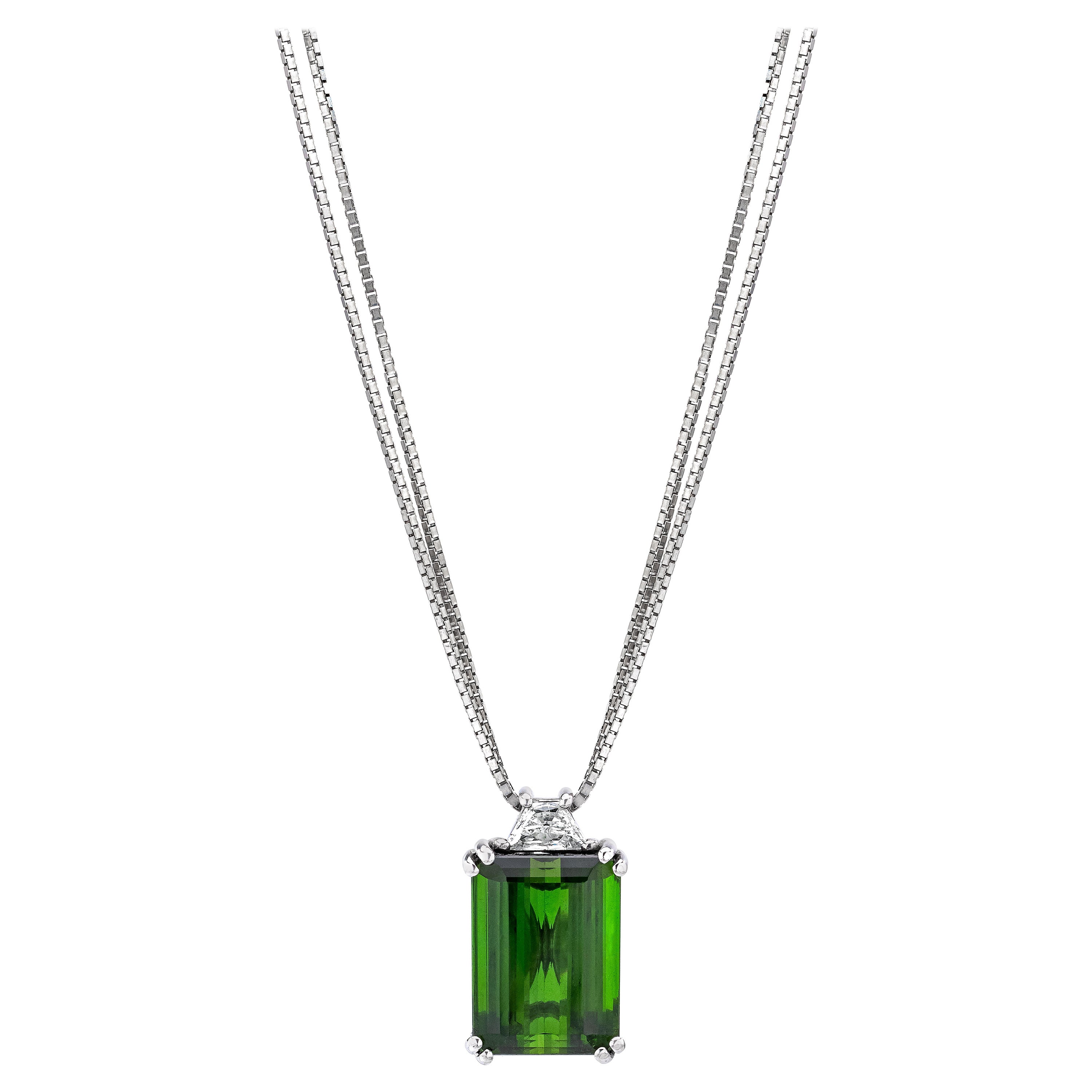 12.24 Carats Emerald Cut Chrome Tourmaline and Trapezoid Diamond Pendant  For Sale