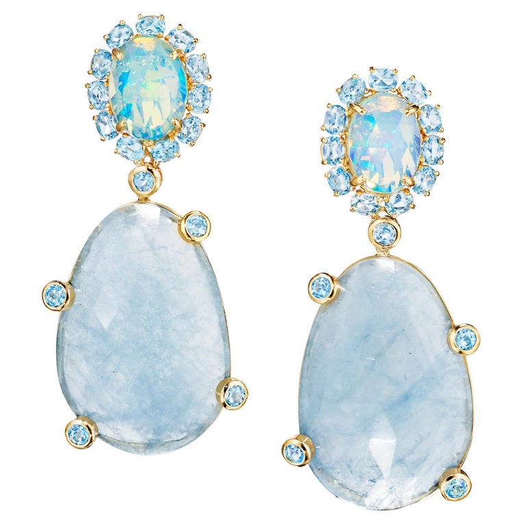 18 Karat Yellow Gold Opal Blue Topaz Rose Cut Aquamarine Drop Dangle Earrings For Sale