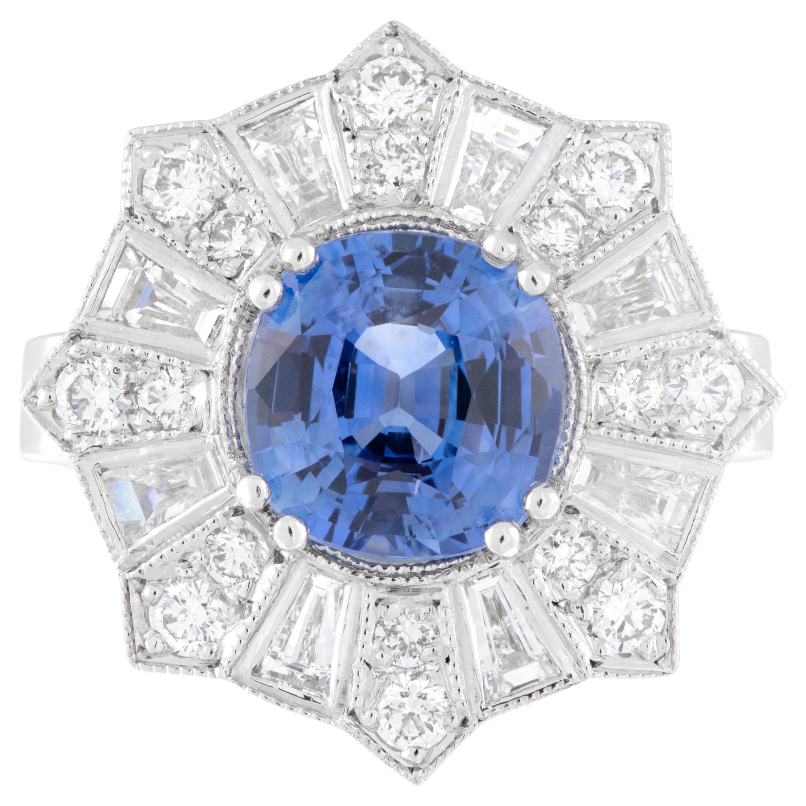 Platinum 2.30ct Cushion Ceylon Sapphire Fireworks Diamond Engagement Ring For Sale