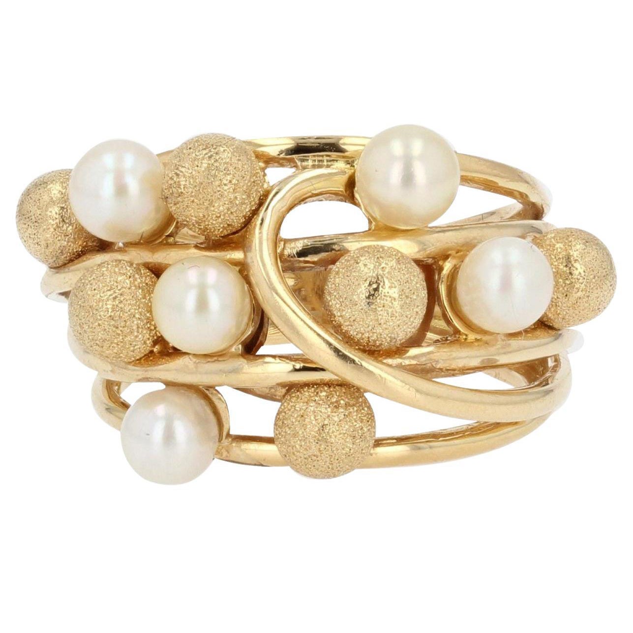 French Modern Cultured Pearl 18 Karat Amati Yellow Gold Pearl Ring